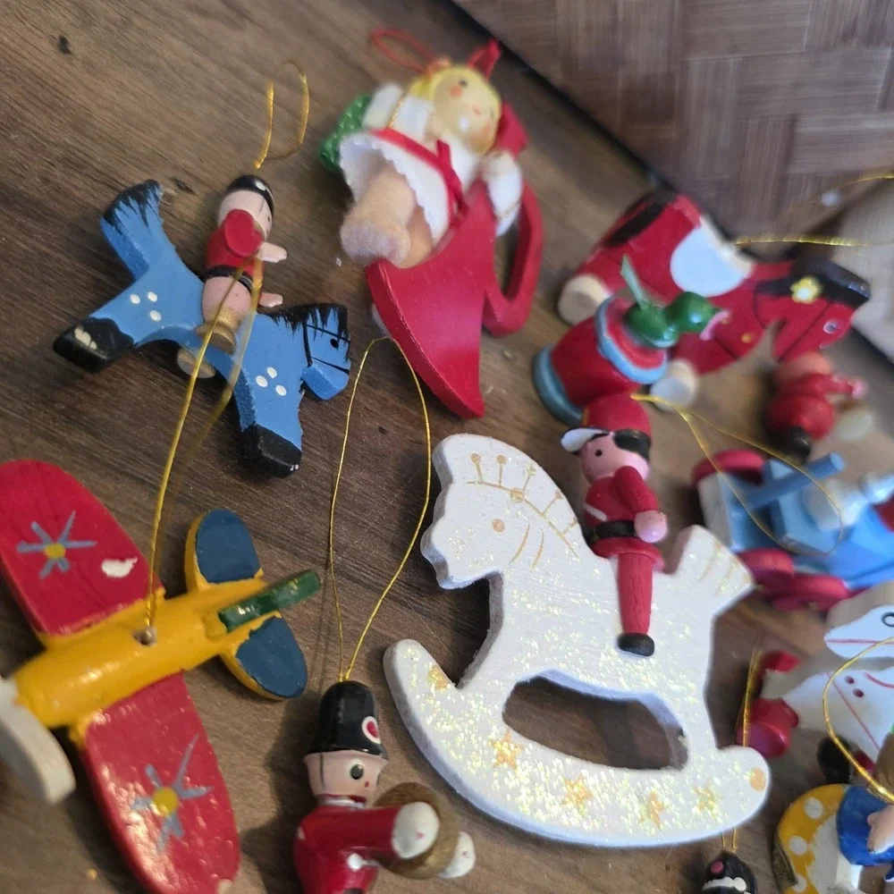 Wooden Christmas Tree Ornaments Lot of 14 Angel Train Toy Soldiers Sleigh Horses